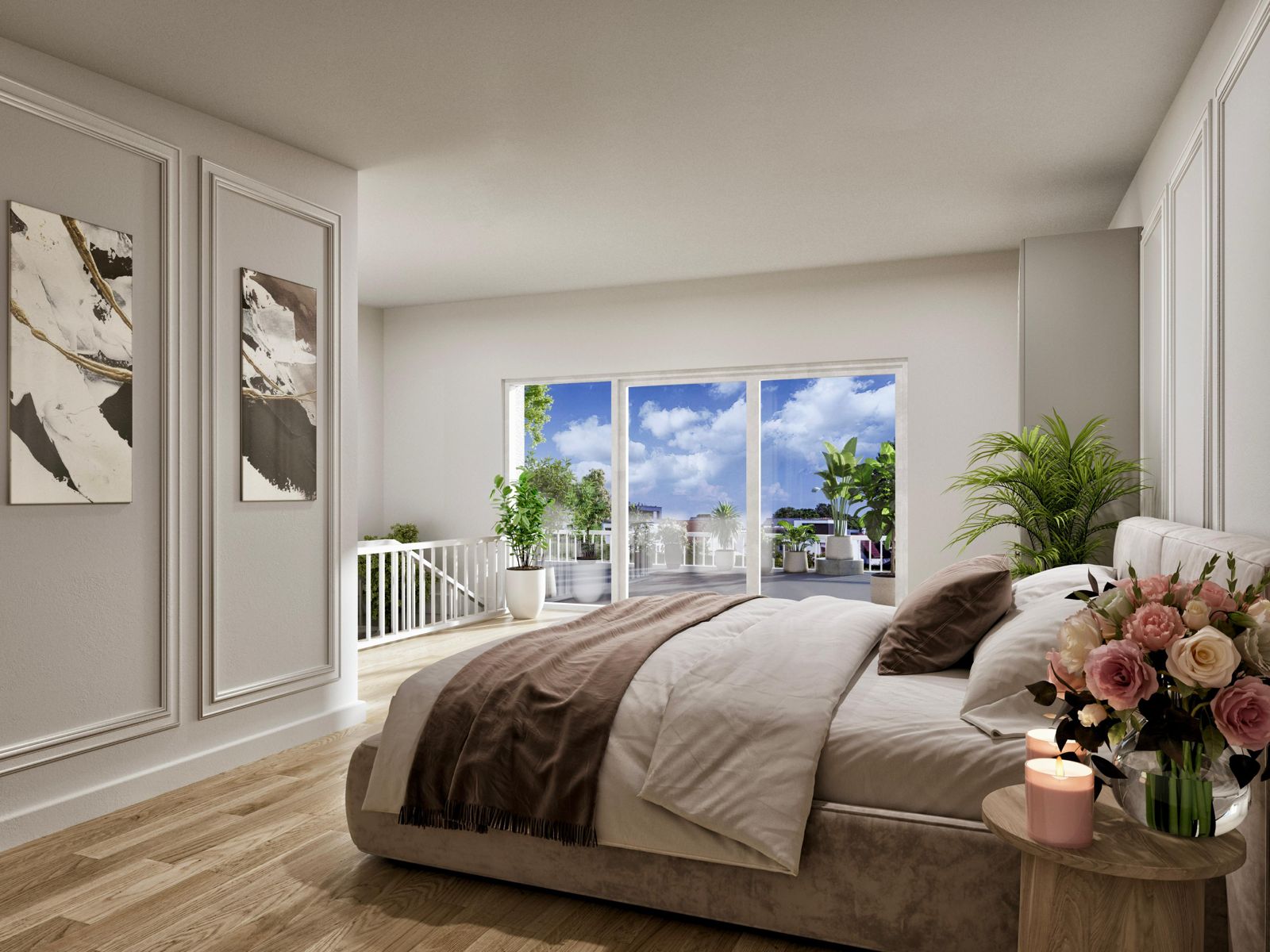 Hochwertiges 3D-Rendering eines luxuriösen Schlafzimmers mit Balkon und Stuckelementen.