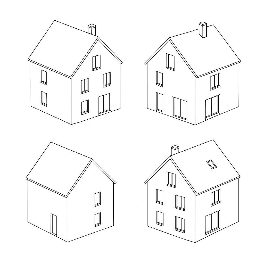 Vier isometrische Architektur­skizzen von Einfamilienhäusern in unterschiedlichen Fassadenvarianten