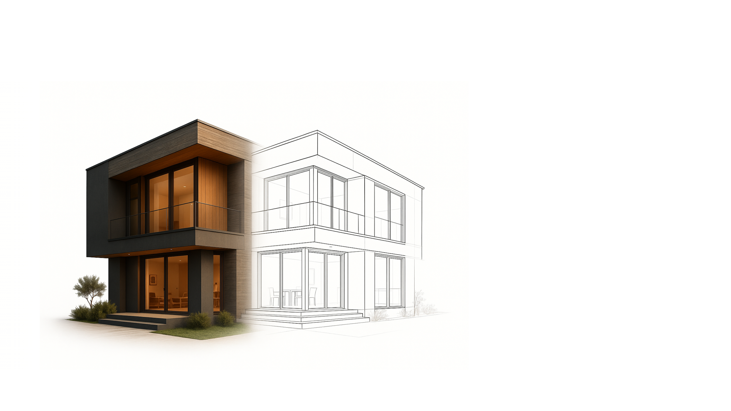 Render einer modernen zweigeschossigen Villa, halb als fotorealisches 3D-Modell mit realistischer Beleuchtung und Materialien, halb als architektonische Linienzeichnung im Entwurfsstadium.